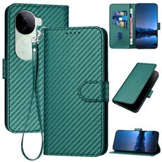 Per vivo iQOO Z9s / V40e India YX0070 Custodia per telefono in pelle con fibbia in fibra di carbonio con cordino (verde scuro)