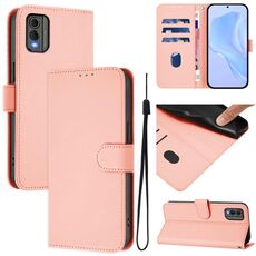 For Nokia C32 Skin Feel Solid Color Leather Phone Case with Lanyard(Pink)