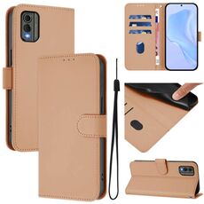 For Nokia C32 Skin Feel Solid Color Leather Phone Case with Lanyard(Nude)