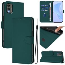 For Nokia C32 Skin Feel Solid Color Leather Phone Case with Lanyard(Dark Green)