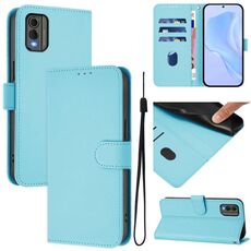 For Nokia C32 Skin Feel Solid Color Leather Phone Case with Lanyard(Sky Blue)