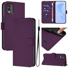 For Nokia C32 Skin Feel Solid Color Leather Phone Case with Lanyard(Violet)