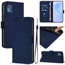 For Nokia C02 Skin Feel Solid Color Leather Phone Case with Lanyard(Navy Blue)