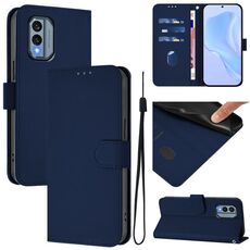 For Nokia X30 5G Skin Feel Solid Color Leather Phone Case with Lanyard(Navy Blue)