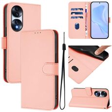 Custodia per telefono in pelle tinta unita per Honor 70 con cordino (rosa)