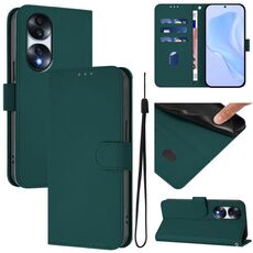 Custodia in pelle tinta unita per Honor 70 Pro con cordino (verde scuro)