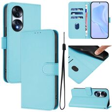 Custodia in pelle tinta unita per Honor 70 Pro con cordino (blu cielo)
