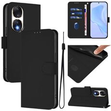 Custodia per telefono in pelle tinta unita per Honor 90 con cordino (nero)