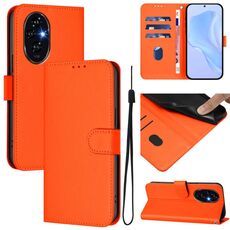 Custodia in pelle tinta unita per Honor 200 Pro con cordino (arancione)