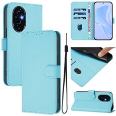 Custodia in pelle tinta unita per Honor 200 Pro con cordino (blu cielo)