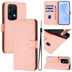 Custodia per telefono in pelle tinta unita per Honor 200 Lite Global Skin Feel con cordino (rosa)