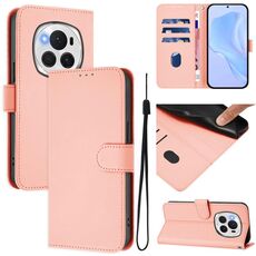 Custodia per telefono in pelle tinta unita per Honor Magic6 Pro con cordino (rosa)