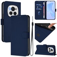 Custodia in pelle tinta unita per Honor Magic6 Pro con cordino (blu navy)