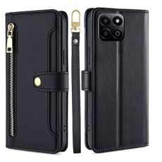 Custodia per telefono in pelle con cerniera e tracolla con texture di pecora per Honor Play 60 Plus (nera)