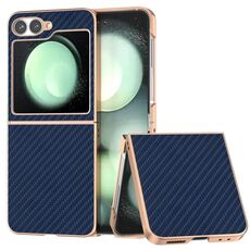 Per Samsung Galaxy Z Flip6 Custodia per telefono con texture in fibra di carbonio con galvanica nano (blu navy)