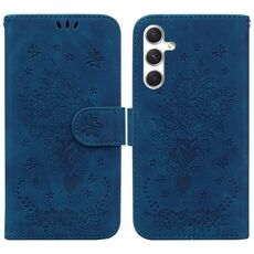 Per Samsung Galaxy S25+ 5G Custodia per telefono in pelle goffrata con motivo a farfalla rosa (blu)