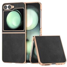 Per Samsung Galaxy Z Flip6 Custodia protettiva per telefono in pelle bovina bicolore con galvanica nano (nera)
