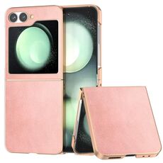 Per Samsung Galaxy Z Flip6 Custodia protettiva per telefono in pelle bovina bicolore con galvanica nano (oro rosa)