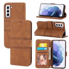Custodia in pelle per Samsung Galaxy S23 5G con strisce in rilievo (marrone)