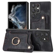 Per Samsung Galaxy S22 Ultra 5G Retro Skin-feel Ring Custodia a portafoglio multi-card (nero)