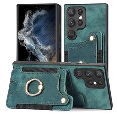 Per Samsung Galaxy S22 Ultra 5G Retro Skin-feel Ring Custodia a portafoglio multi-card (verde)