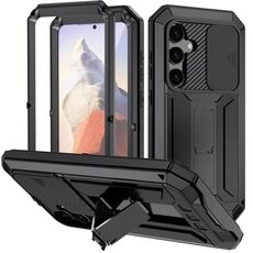 Per Samsung Galaxy S25 5G R-JUST Custodia per telefono con supporto impermeabile per fotocamera scorrevole (nero)
