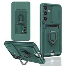 Per Samsung Galaxy S24 FE 5G Custodia per telefono in silicone con supporto magnetico scorrevole Camshield (verde notte)