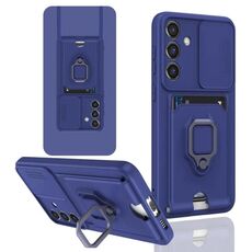 Per Samsung Galaxy S24 FE 5G Custodia per telefono in silicone con supporto magnetico scorrevole Camshield (blu navy)