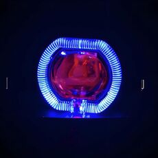 Faro LED da 2,5 pollici per moto, bici elettrica, auto, universale, con lente spot, faretto lontano e vicino, stile: apertura blu + occhio rosso del diavolo (argento)