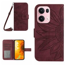 Per OPPO Reno13 Pro Custodia per telefono in pelle con stampa a fiore di sole e cordino (rosso vino)
