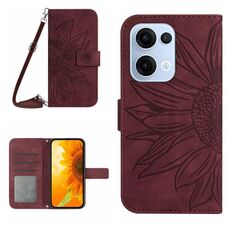 Per OPPO Reno13 Custodia in pelle con stampa a fiore di sole e cordino con motivo a flip Global Skin Feel (rosso vino)