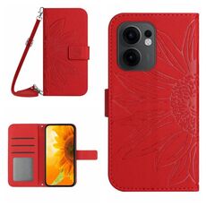 Per OPPO Reno13 F 4G / 5G Custodia in pelle con stampa a fiore di sole e cordino (rosso)