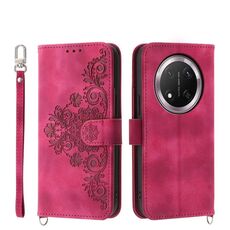 Custodia in pelle con portafoglio in rilievo con fiori per Honor X9c Global / Magic7 Lite (rosso vino)