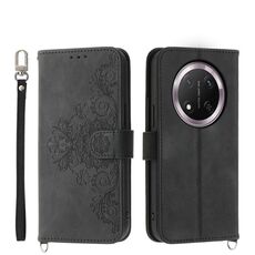 Custodia in pelle con portafoglio in rilievo con fiori per Honor X9c Global / Magic7 Lite (nero)