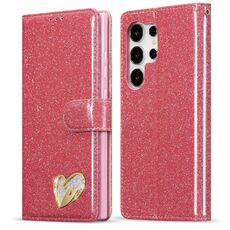 Per Samsung Galaxy S24 Ultra 5G Glitter Powder Love Custodia in pelle per telefono (rosso rosa)