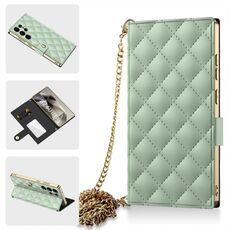 Per Samsung Galaxy S24 Ultra 5G GKK Plating Diamond Texture Custodia in pelle per telefono con catena a tracolla (verde matcha)