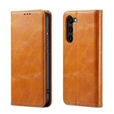 Custodia a portafoglio in pelle per Samsung Galaxy S23 5G FIERRE SHANN Vintage Bark Texture (cachi)