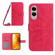 Per Samsung Galaxy S25 Edge 5G Custodia in pelle con stampa a fiore di sole e cordino (rosso rosa)