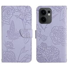 Per OPPO Reno13 F HT03 Custodia in pelle con motivo a farfalla in rilievo (viola)