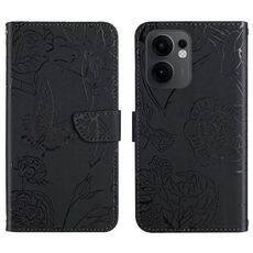 Per OPPO Reno13 F HT03 Custodia in pelle con motivo a farfalla in rilievo (nero)