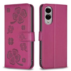 Per Samsung Galaxy S25 Edge 5G Custodia per telefono in pelle goffrata a quattro foglie (rosso rosa)