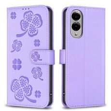 Per Samsung Galaxy S25 Edge 5G Custodia per telefono in pelle goffrata a quattro foglie (viola)