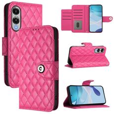 Per Samsung Galaxy S25 Edge 5G Custodia per telefono in pelle con texture rombica e cordino (rosso rosa)