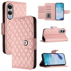 Per Samsung Galaxy S25 Edge 5G Custodia in pelle con texture rombica e cordino (rosa corallo)