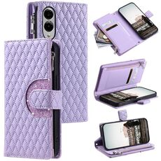 Per Samsung Galaxy S25 Edge 5G Custodia per telefono in pelle con cerniera a reticolo glitterato (viola)