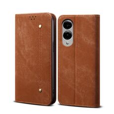Per Samsung Galaxy S25 Edge 5G Custodia in pelle con flip orizzontale stile casual con texture denim (marrone)