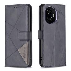Custodia per telefono in pelle con texture a rombi e fibbia magnetica per Honor 300 (nera)