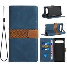 Per Google Pixel 8 Custodia in pelle con cuciture a griglia e cordino (blu)