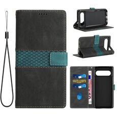 Per Google Pixel 8 Custodia in pelle con cuciture a griglia e cordino (nero)