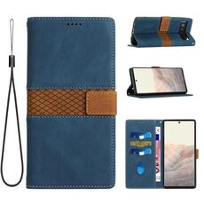 Per Google Pixel 7a Custodia in pelle con cuciture a griglia e cordino (blu)
